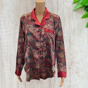 VINTAGE KATHRYN -- Pajama Top/Bed Jacket, Satiny Feel w/Red Paisley-Type Print